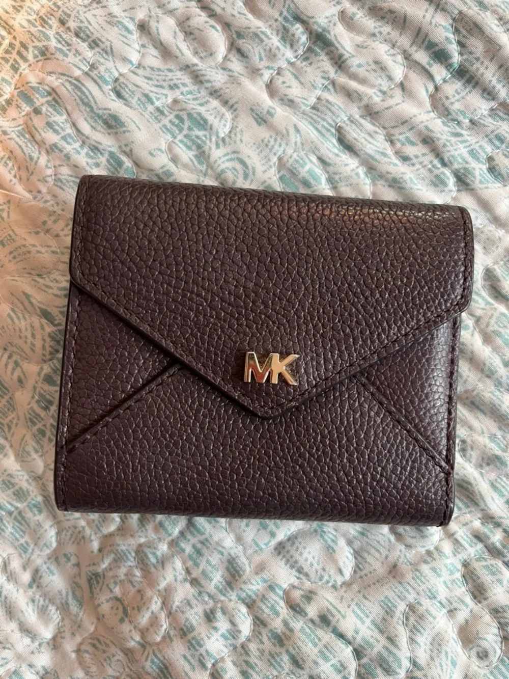 Michael Kors Pebbled Envelope Wallet in Dark Brown / Plum with Gold MK Hardware